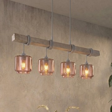 Brilagi - Suspension sur câble WOOD GLASS 4xE27/60W/230V pin/gris/beige fumé