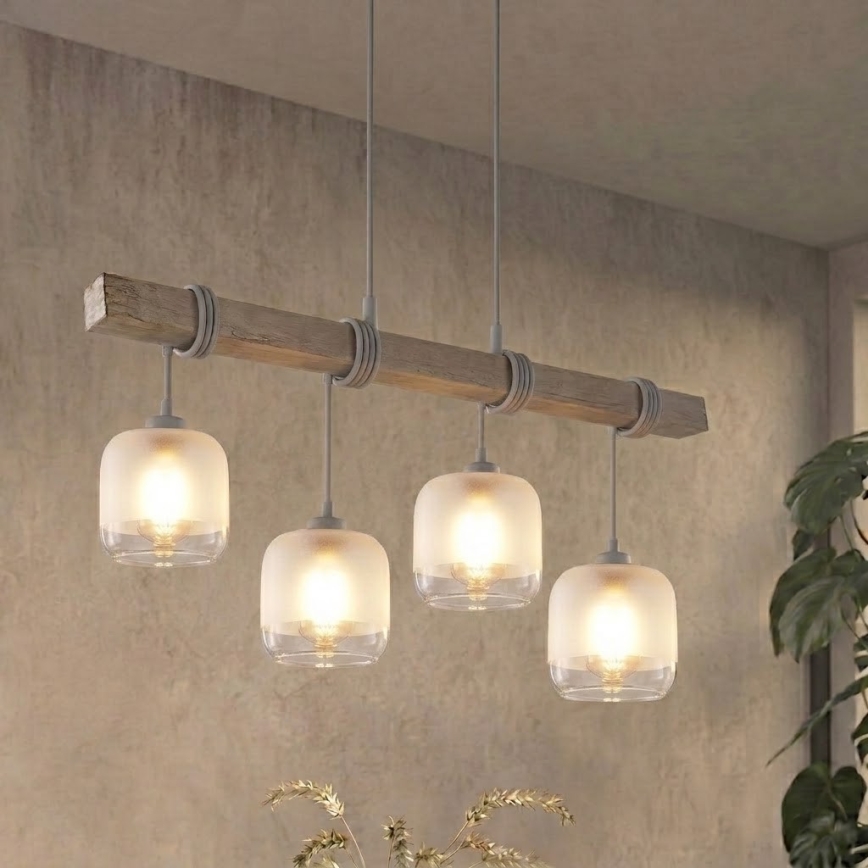 Brilagi - Suspension sur câble WOOD GLASS 4xE27/60W/230V pin/gris/blanc