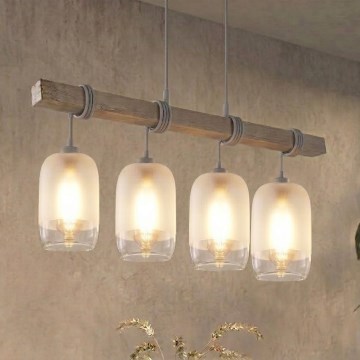 Brilagi - Suspension sur câble WOOD GLASS 4xE27/60W/230V pin/gris/blanc