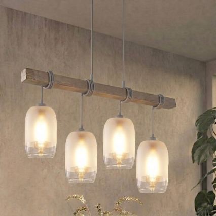 Brilagi - Suspension sur câble WOOD GLASS 4xE27/60W/230V pin/gris/blanc
