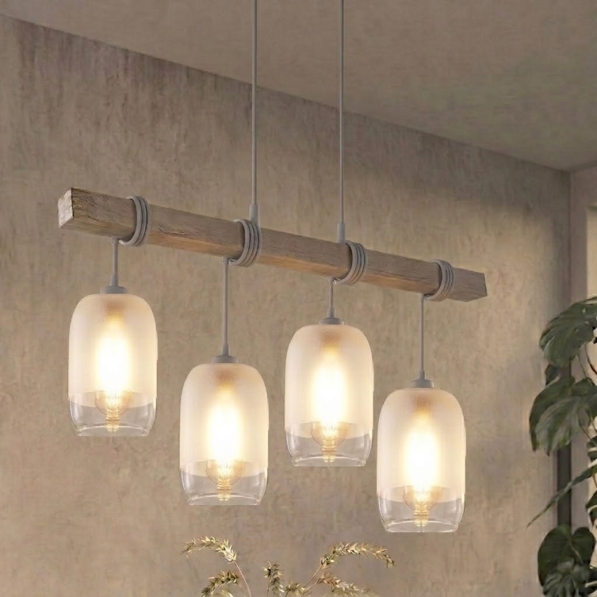 Brilagi - Suspension sur câble WOOD GLASS 4xE27/60W/230V pin/gris/blanc