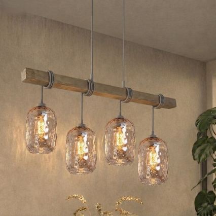 Brilagi - Suspension sur câble WOOD GLASS 4xE27/60W/230V pin/gris/brun fumé