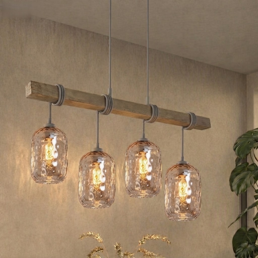 Brilagi - Suspension sur câble WOOD GLASS 4xE27/60W/230V pin/gris/brun fumé