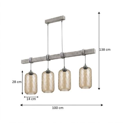 Brilagi - Suspension sur câble WOOD GLASS 4xE27/60W/230V pin/gris/brun fumé