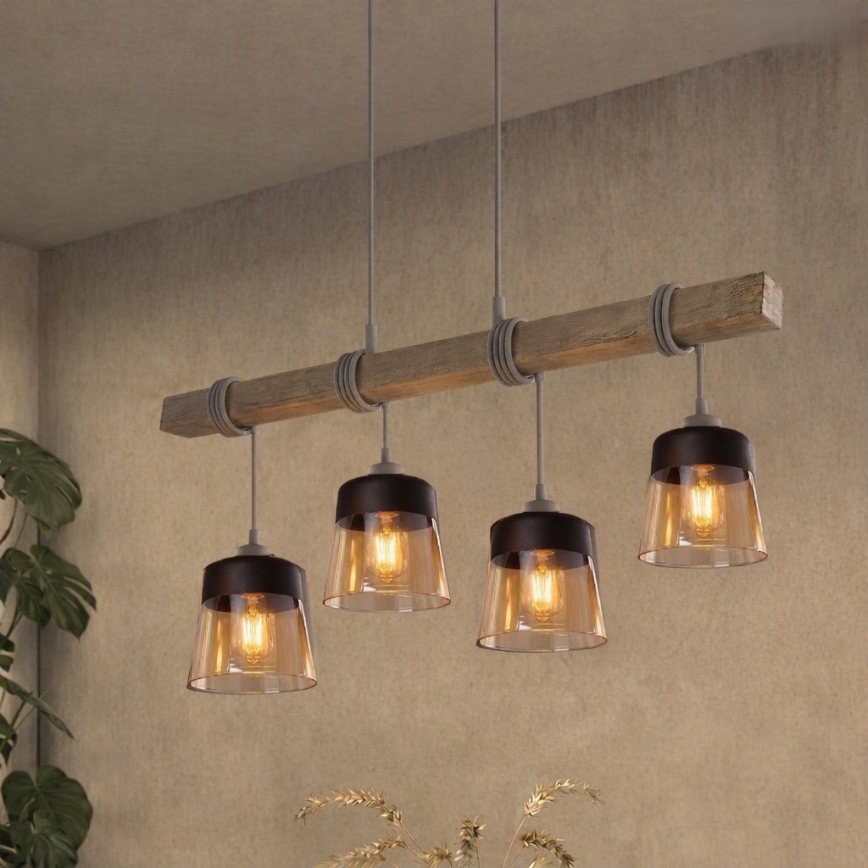 Brilagi - Suspension sur câble WOOD GLASS 4xE27/60W/230V pin/gris/marron fumé