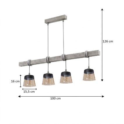 Brilagi - Suspension sur câble WOOD GLASS 4xE27/60W/230V pin/gris/marron fumé