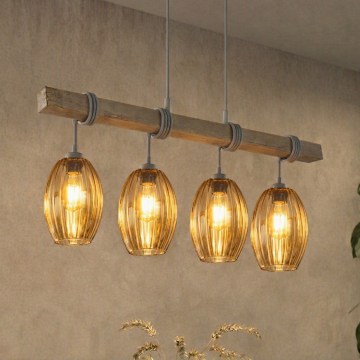 Brilagi - Suspension sur câble WOOD GLASS 4xE27/60W/230V pin/gris/brun fumé