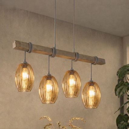 Brilagi - Suspension sur câble WOOD GLASS 4xE27/60W/230V pin/gris/brun fumé