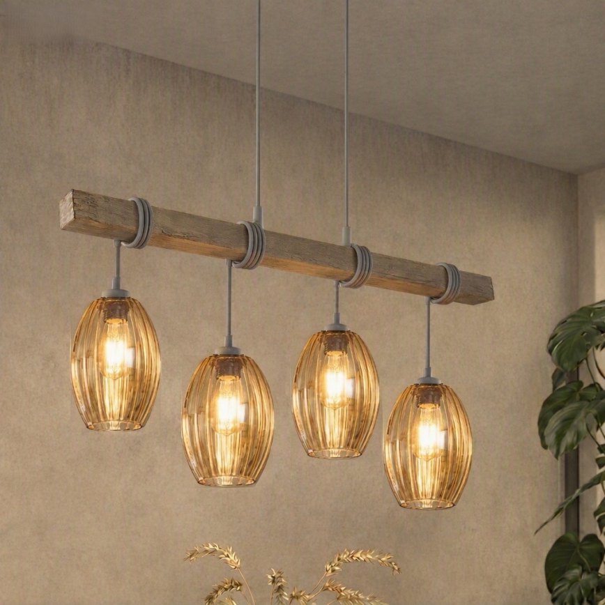 Brilagi - Suspension sur câble WOOD GLASS 4xE27/60W/230V pin/gris/brun fumé