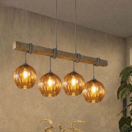 Brilagi - Suspension sur câble WOOD GLASS 4xE27/60W/230V pin/gris/brun fumé