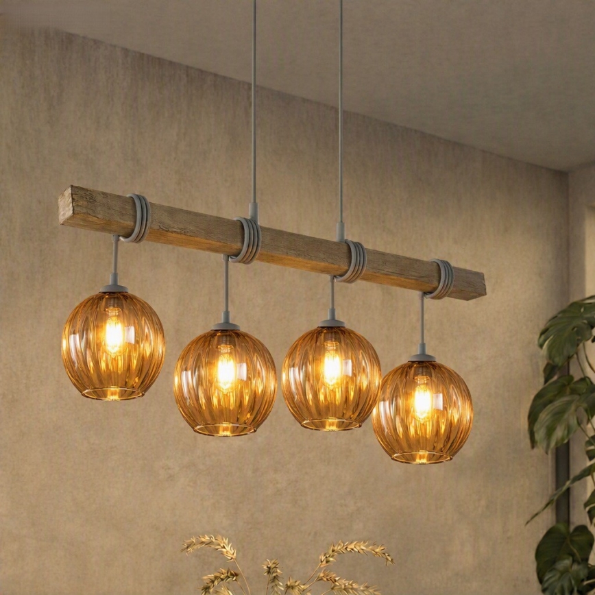 Brilagi - Suspension sur câble WOOD GLASS 4xE27/60W/230V pin/gris/brun fumé