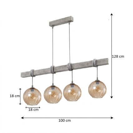 Brilagi - Suspension sur câble WOOD GLASS 4xE27/60W/230V pin/gris/brun fumé