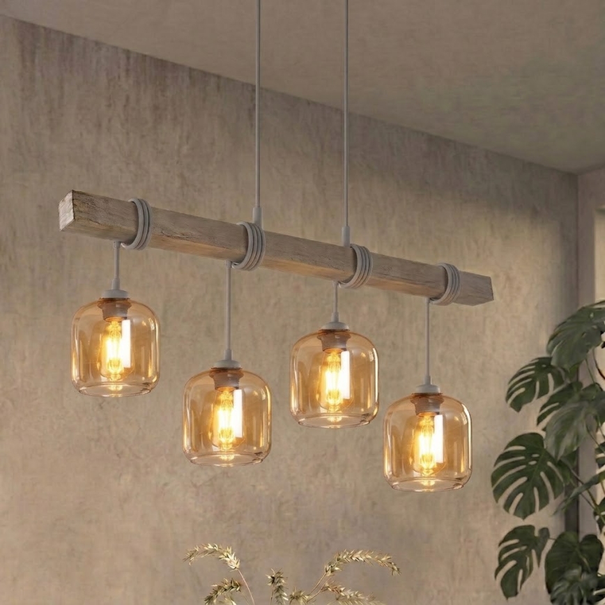 Brilagi - Suspension sur câble WOOD GLASS 4xE27/60W/230V pin/gris/marron fumé