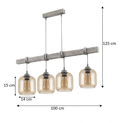 Brilagi - Suspension sur câble WOOD GLASS 4xE27/60W/230V pin/gris/marron fumé