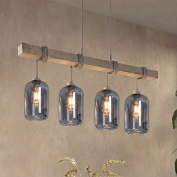 Brilagi - Suspension sur câble WOOD GLASS 4xE27/60W/230V pin/gris/gris fumé