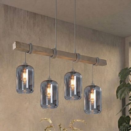 Brilagi - Suspension sur câble WOOD GLASS 4xE27/60W/230V pin/gris/gris fumé