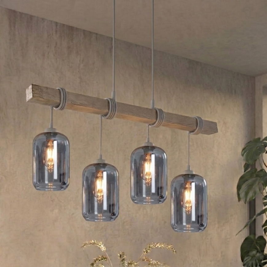Brilagi - Suspension sur câble WOOD GLASS 4xE27/60W/230V pin/gris/gris fumé