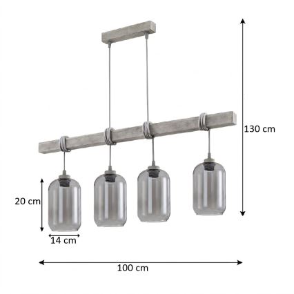 Brilagi - Suspension sur câble WOOD GLASS 4xE27/60W/230V pin/gris/gris fumé