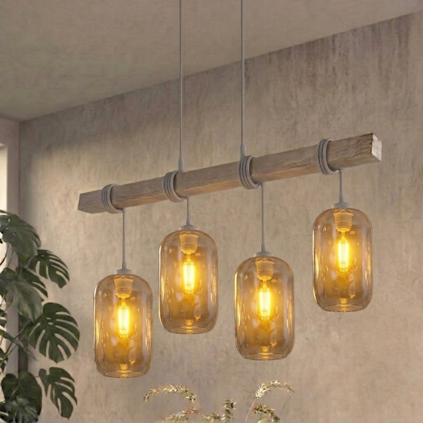 Brilagi - Suspension sur câble WOOD GLASS 4xE27/60W/230V pin/gris/gris fumé