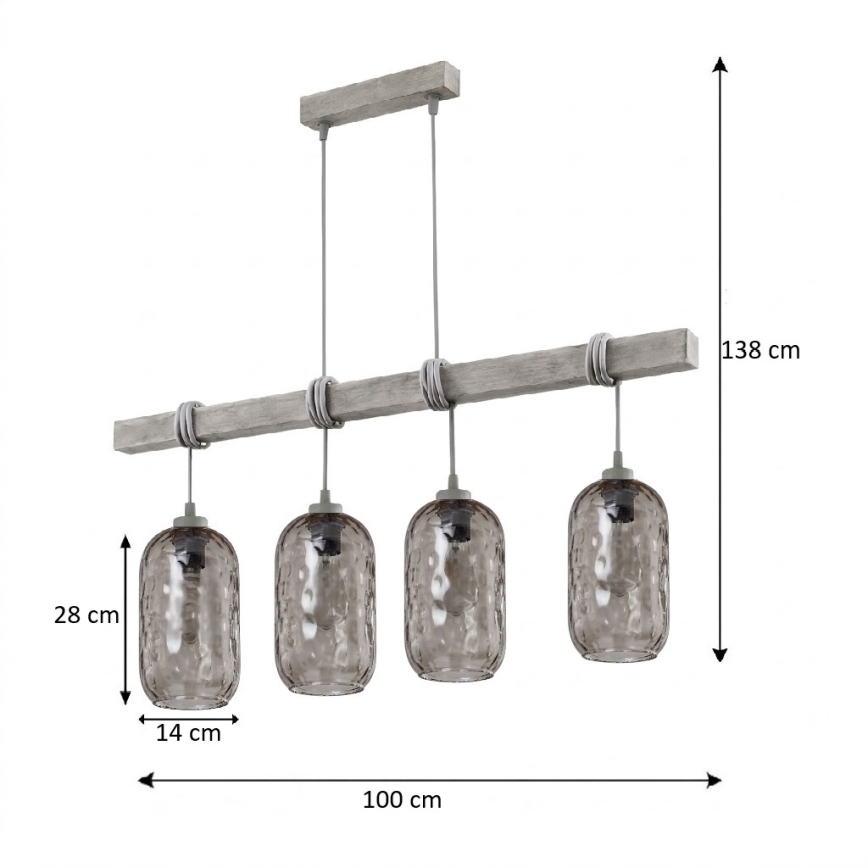 Brilagi - Suspension sur câble WOOD GLASS 4xE27/60W/230V pin/gris/gris fumé