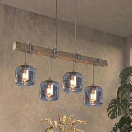 Brilagi - Suspension sur câble WOOD GLASS 4xE27/60W/230V pin/gris/gris fumé