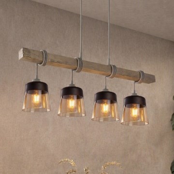 Brilagi - Suspension sur câble WOOD GLASS 4xE27/60W/230V pin/gris/marron fumé