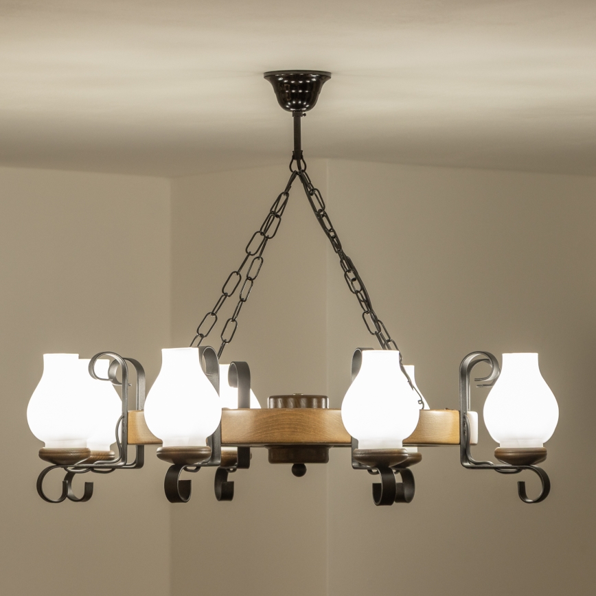 Brilagi - Suspension sur chaîne ROATA 8xE14/40W/230V Ø 70 cm hêtre/noyer