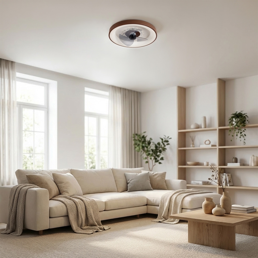 Brilagi - Ventilateur de plafond LED dimmable, 34 W, 230 V, Ø 46 cm, brun + télécommande