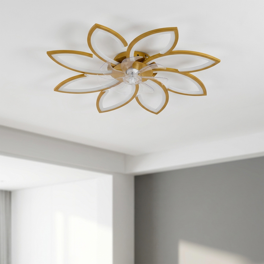 Brilagi - Ventilateur de plafond LED dimmable avec éclairage intégré, 43 W / 230 V, 3000–6500 K, Ø 90 cm, finition dorée + télécommande
