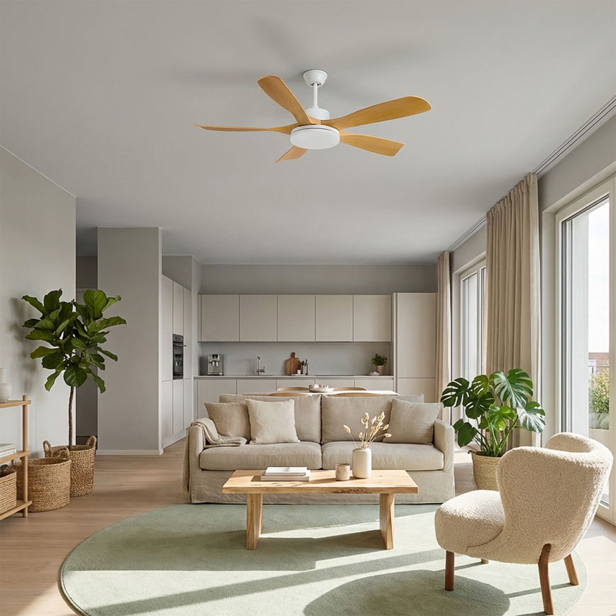 Brilagi - Ventilateur de plafond LED dimmable, 34 W, 230 V, 3000–6500 K, Ø 132 cm, blanc/marron + télécommande