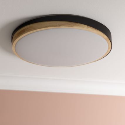 Brilliant - Plafonnier à intensité variable BAARLO LED/36W/230V 3000-6500K d. 50 cm noir/figuier caoutchouc + télécommande - FSC certifié