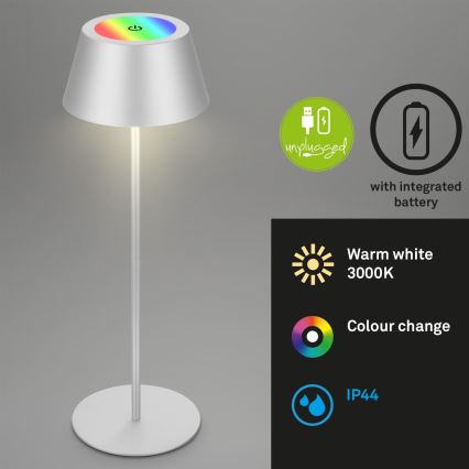 Brilo - Lampe de table d'extérieur tactile LED RVB dimmable et rechargeable KIKI LED/2,6W/5V IP44 2600 mAh argentée
