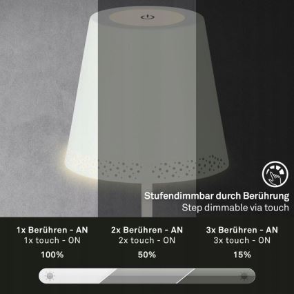 Briloner 1438016 - Lampadaire tactile à intensité variable 3en1 LED/3,5W/5V IP44 3000K 38-130 cm blanc