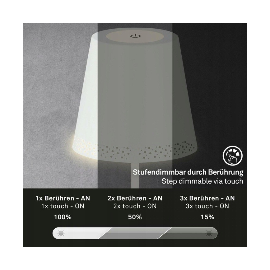 Briloner 1438016 - Lampadaire tactile à intensité variable 3en1 LED/3,5W/5V IP44 3000K 38-130 cm blanc