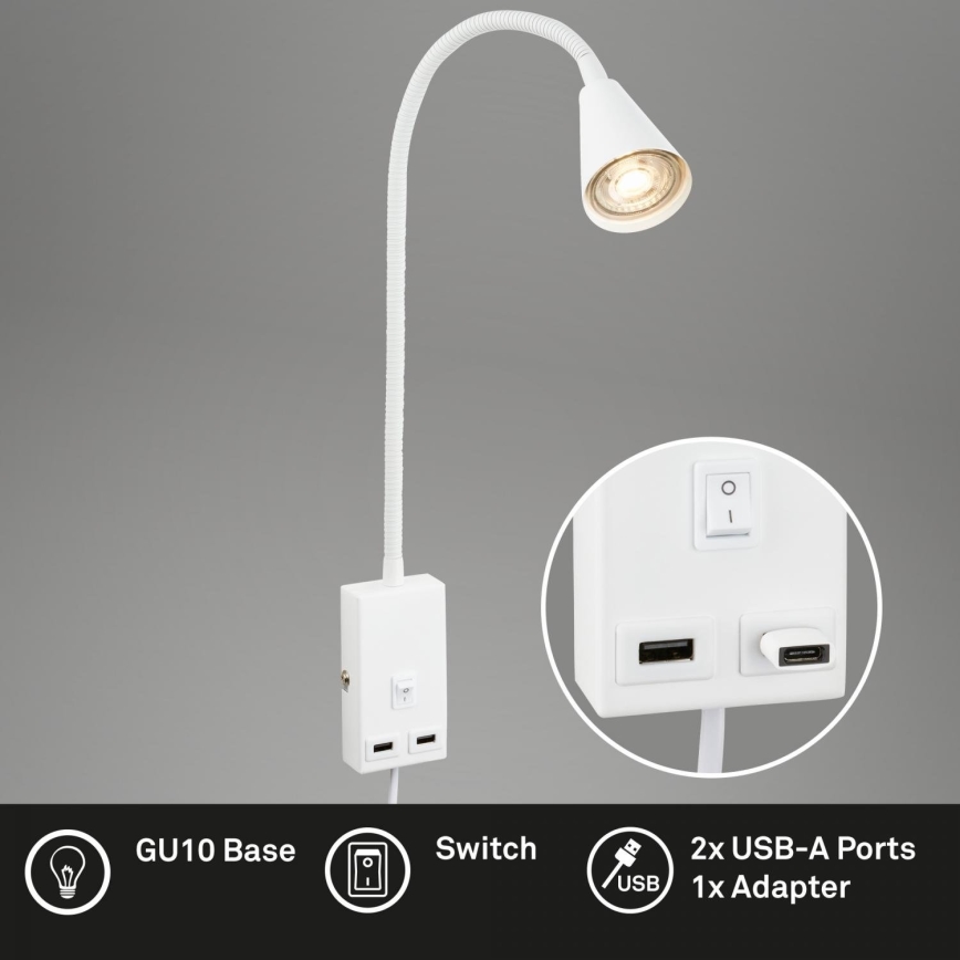 Briloner 2175-016 - Lampe murale flexible avec port USB 1xGU10/10W/230V blanche
