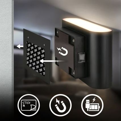 Briloner 3878015 - Applique murale LED rechargeable avec détecteur de mouvement et capteur crépusculaire CHAT LED/3W/5V 2000 mAh noire