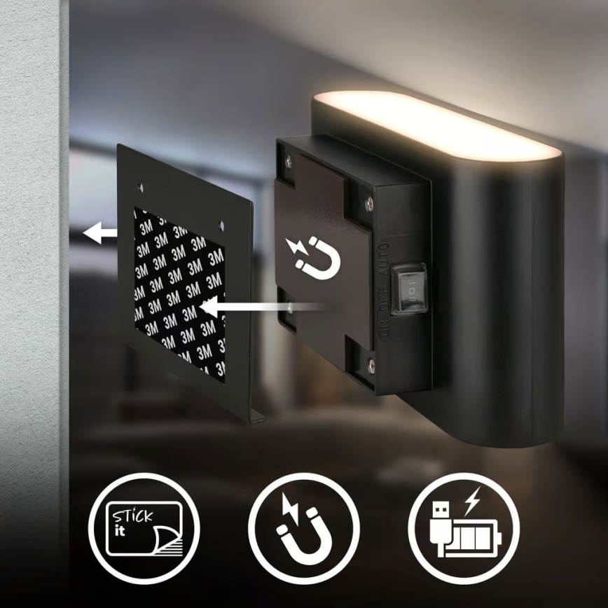 Briloner 3878015 - Applique murale LED rechargeable avec détecteur de mouvement et capteur crépusculaire CHAT LED/3W/5V 2000 mAh noire