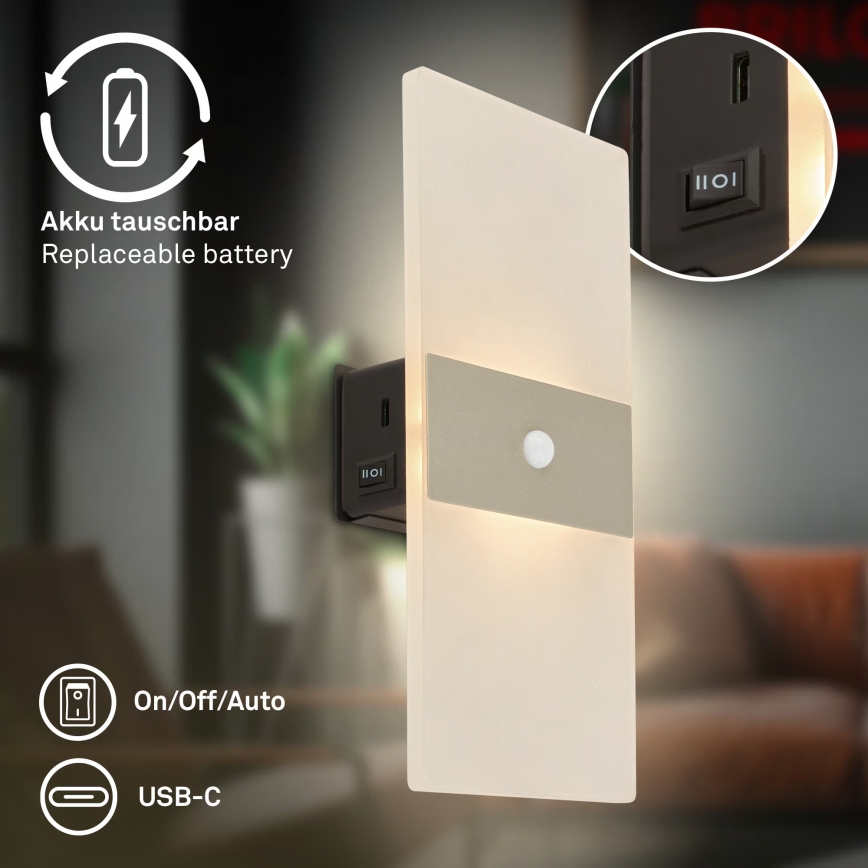 Briloner 3888012 - Applique murale LED rechargeable AURA avec détecteur de mouvement et détecteur crépusculaire LED/2,5W/5V 1800 mAh chrome mat