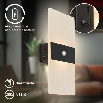 Briloner 3888015 - Applique murale LED rechargeable avec détecteurs de mouvement et de crépuscule AURA LED/2,5W/5V 1800 mAh noire