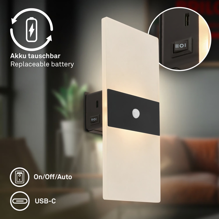 Briloner 3888015 - Applique murale LED rechargeable avec détecteurs de mouvement et de crépuscule AURA LED/2,5W/5V 1800 mAh noire