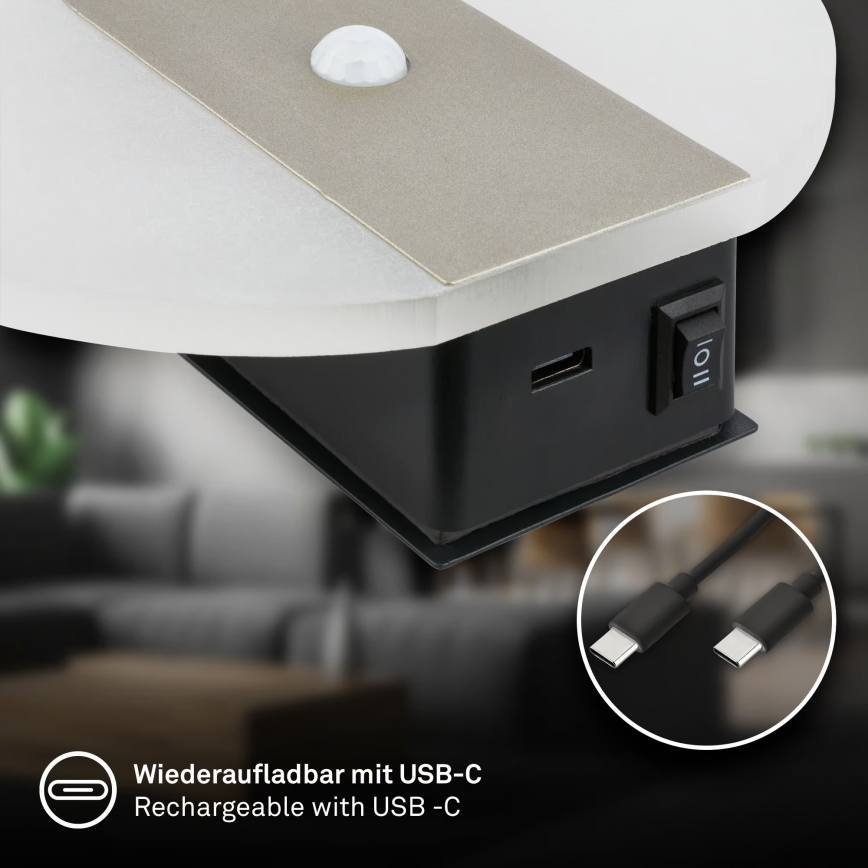 Briloner 3889012 - Luminaire mural LED rechargeable avec capteur de mouvement et capteur crépusculaire TARO LED/2,5W/5V 1800 mAh chrome mat