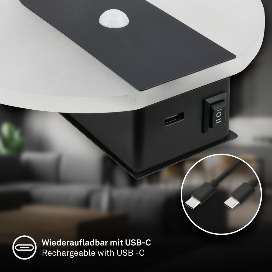 Briloner 3889015 - Applique murale LED rechargeable TARO avec détecteur de mouvement et capteur crépusculaire, LED 2,5 W / 5 V, 1800 mAh, noire