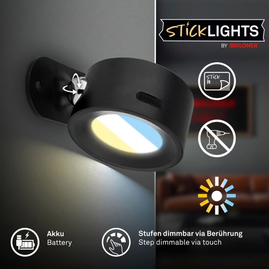 Briloner 3896015 - Applique murale LED rechargeable TARI, dimmable, 1,6 W / 5 V, 1500 mAh, noir