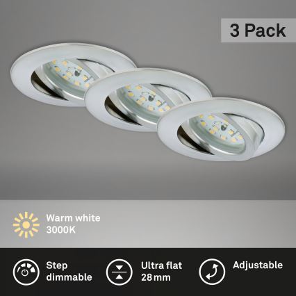Briloner 7296-039 - Ensemble de 3 spots LED encastrables pour salle de bains, dimmables, 1x LED/6,5 W/230 V, 3000 K, IP23, chrome mat