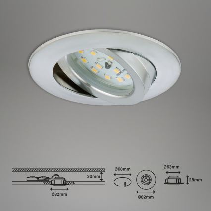 Briloner 7296-039 - Ensemble de 3 spots LED encastrables pour salle de bains, dimmables, 1x LED/6,5 W/230 V, 3000 K, IP23, chrome mat