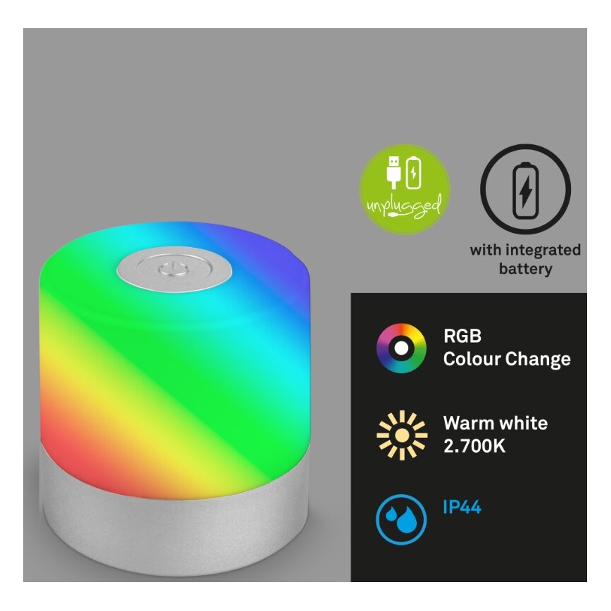 Briloner 7462014 - Lampe de table d'extérieur rechargeable RGB LED/1,5W/5V IP44 1200 mAh chrome mat