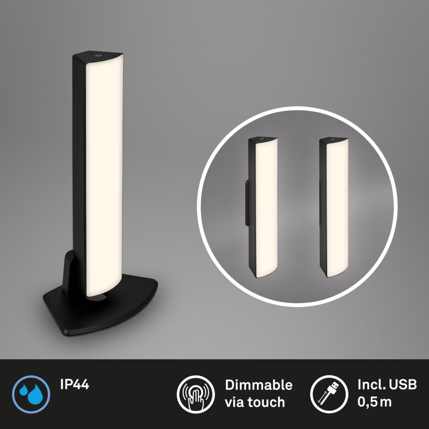 Briloner 7474-015 - Lampe de table extérieure tactile LED dimmable rechargeable 2 en 1 LED/7W/5V 2x2200 mAh USB 3000K IP44 noire