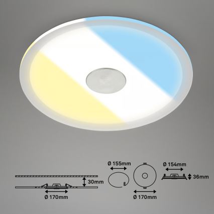 Briloner 7481019 - Plafonnier LED encastré pour salle de bains, 12 W, 230 V, 3 températures de couleur (3000/4000/6500 K), IP44, blanc
