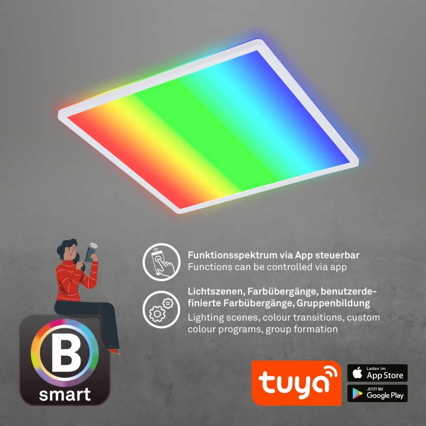 Briloner 7491-016 - Plafonnier LED RGBW dimmable SMART LED/22W/230V, 4000K, 42x42 cm, Wi‑Fi Tuya + télécommande