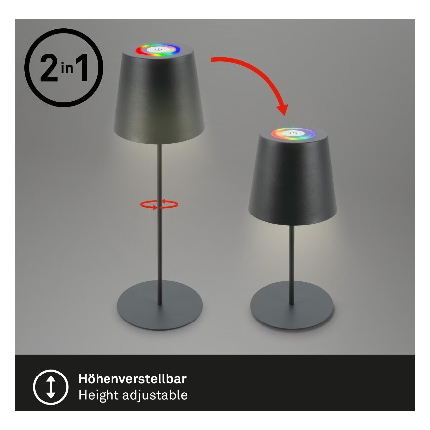 Briloner 7507015 - Lampe de table d'extérieur RGB à intensité variable rechargeable 2en1 LED/2,5W/5V IP44 anthracite